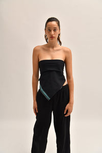 Front image of a black cotton scarf top styled as a crop, paired with matching trousers for a coordinated set."
