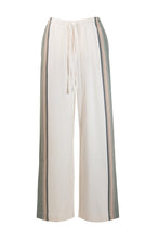 Load image into Gallery viewer, Product image of cream and khaki cotton trousers featuring a wide-leg, relaxed fit with a linen-style drape.
