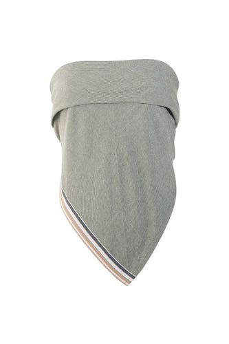Product image of a cream and khaki cotton scarf top styled as a crop, shown as part of a matching set.