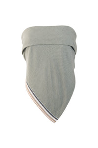 Product image of a cream and khaki cotton scarf top styled as a crop, shown as part of a matching set.